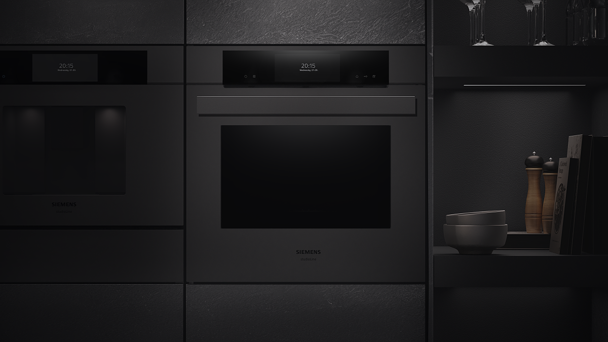 Siemens Hausgeräte präsentiert iQ700 KI-Backofen in mattschwarz mit automatischer Gerichterkennung für bis zu 100 Anwendungen.